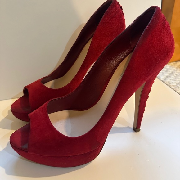Miu Miu Suede Peep Toe Red Heels with detailed Stitching on the Heel Sz 38 - Picture 8 of 13